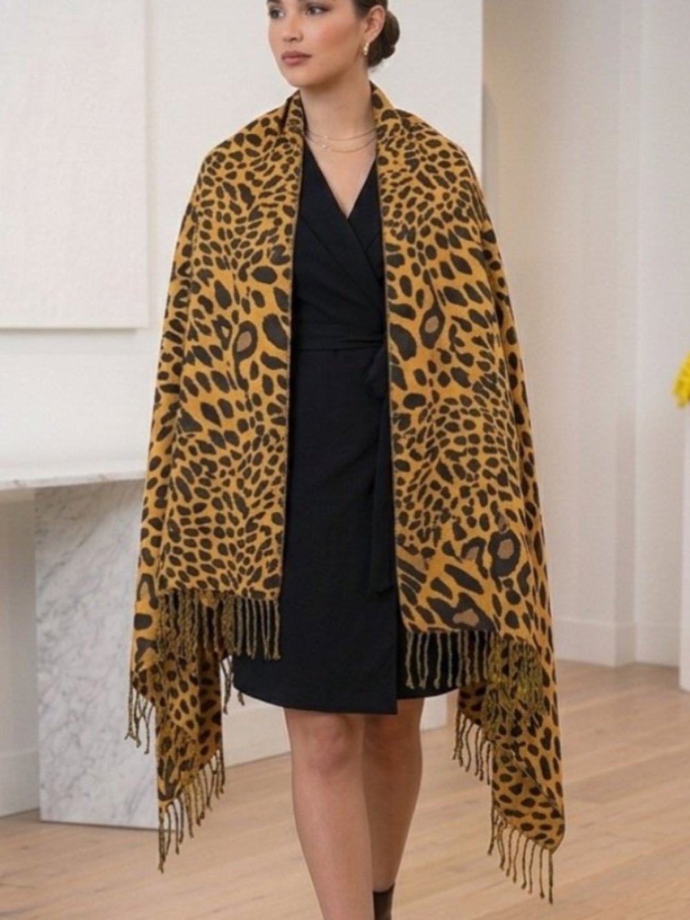 Leopard Print Pashmina Wrap Scarf Black & Tan 28x80